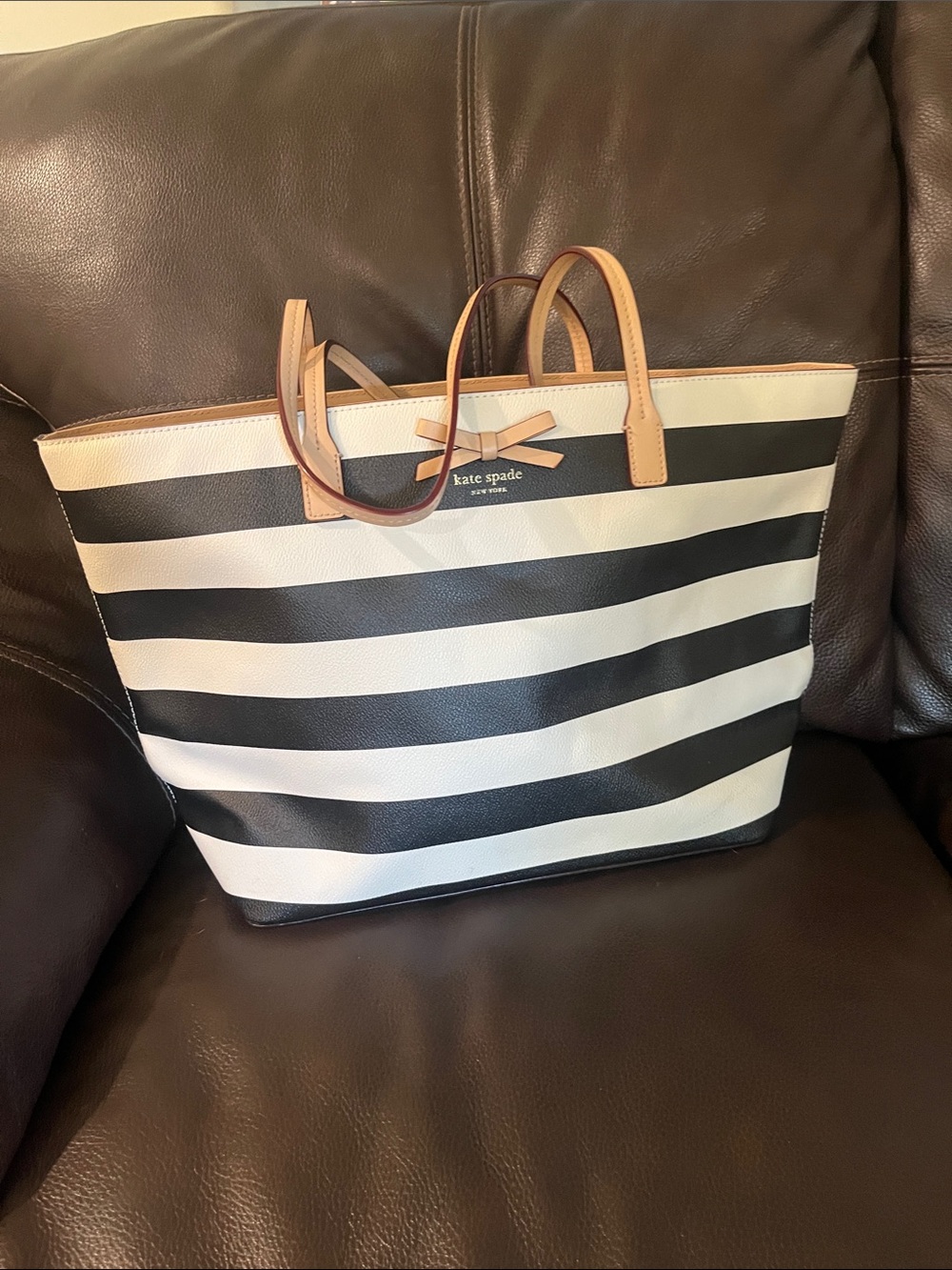kate spade Black and White Striped Tote with Tan Handles
